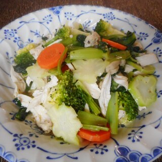 小松菜、ブロッコリー、サラダチキンのホットサラダ
